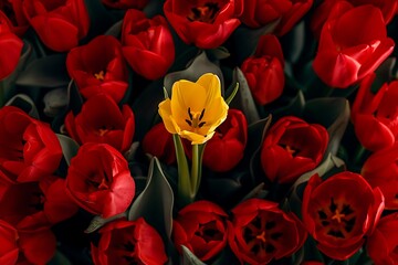 Naklejka premium One yellow tulip between red tulips in the garden