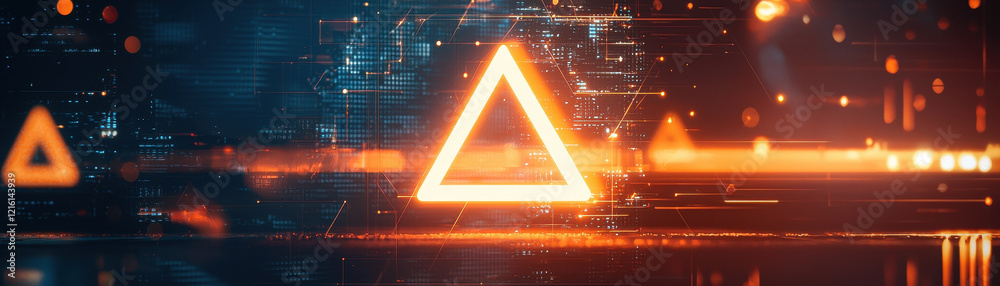 Wall mural glowing warning triangle illuminated in digital environment, symbolizing caution