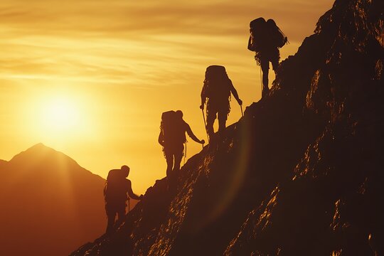 Hikers ascend a mountain at sunrise, symbolizing ambition.