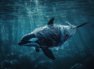 A dark blue orca swimming underwater with a plastic bag wrapped around it's body