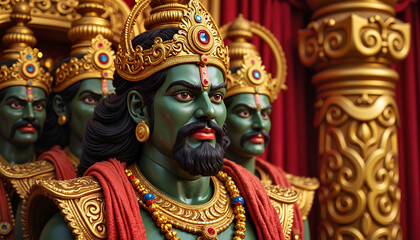 Obraz premium Green-skinned warrior figures adorned with crowns against a backdrop