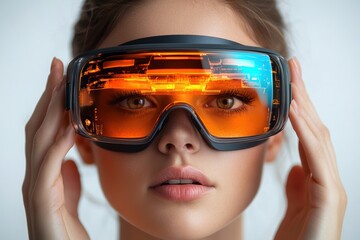 Holding augmented reality glasses, discussing their use in business or education,