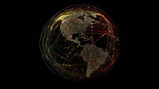 A globe with interwoven digital links, representing global connectivity and interaction