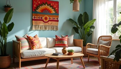 A vibrant Bohemian-style living room featuring colorful cushions, a patterned rug, and handmade textile wall art