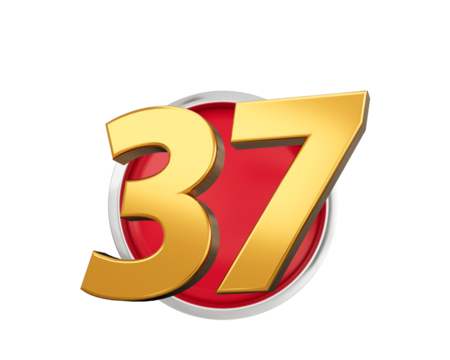 Golden Number 37 Thirty Seven On Rounded Red Icon with Particles On Blue Background 3d Illustration