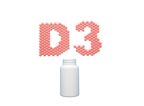 3d Empty White Pill Bottle With D3 Text Made Of Rounded Vitamin D3 Tablets 3d Illustration