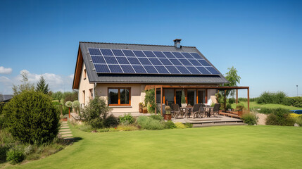 Solar-Powered House with Rooftop Panels and Lush Green Lawn on a Sunny Day