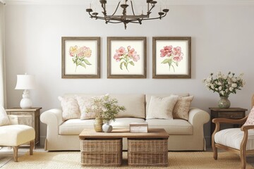 Living room dÃ©cor featuring floral artwork, cozy furniture, and stylish lighting, creating a serene atmosphere for home relaxation and family gatherings.