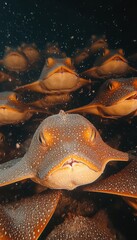 Fototapeta premium Underwater view of a group of stingrays resting on the ocean floor.