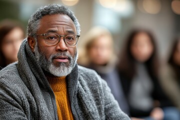 Fototapeta premium Man with glomerulonephritis attending a support group in a community hall, seated and speaking with others in a circle,