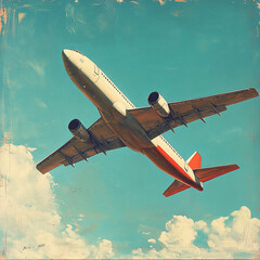 Fototapeta premium On a clear day, the sky is blue and white clouds are floating beautifully. An airplane with orange points on a white background is flying in the sky. Looking up from below.