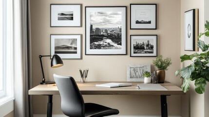 Home office setup featuring a stylish desk, modern decor, and wall art. Ideal for remote work, creativity, and productivity in a calming workspace environment.