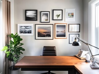 Fototapeta premium Home office interior featuring modern desk, stylish dÃ©cor, framed artwork on walls, indoor plants, and well-lit workspace for productivity and creativity.