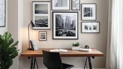 Home office design featuring a wooden desk, stylish wall art, and modern decor elements, perfect for productivity and creativity in a cozy workspace.