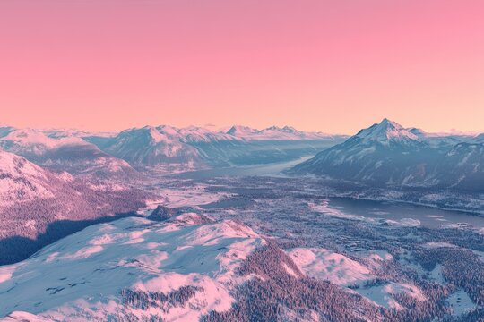 Pink sunrise over snowy mountains, valley, and lake