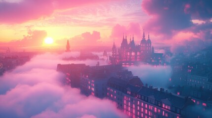 Naklejka premium A sci-fi inspired floating city with sleek glowing buildings, resting peacefully in the clouds under a dreamy pastel sunset