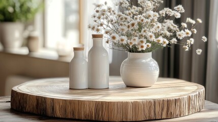 Rustic Wooden Slice with White Ceramic Bottles and Daisies