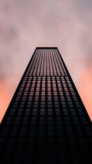 A dramatic shot of a towering skyscraper from a low-angle perspective, capturing the sense of grandeur and scale, with warm sunset lighting reflecting off the glass.