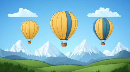 Naklejka premium Three uniquely designed hot air balloons soar over a majestic mountain range