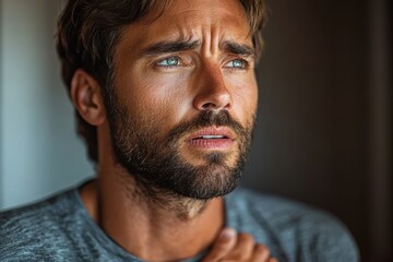 Obraz premium Patient clutching their chest during a telehealth consultation, describing symptoms of discomfort to a doctor,