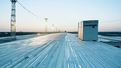 Zoom-out video of close-up ventilation duct on a warehouse roof, revealing vast, flat expanse under bright industrial lighting, air conditioning units visible - Powered by Adobe