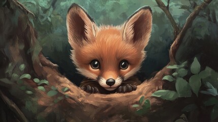 Obraz premium Adorable fox kit peeking from forest foliage.