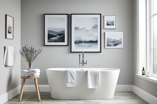 Modern bathroom interior featuring a freestanding tub, nature-themed wall art, and soothing decor for a relaxing home atmosphere and stylish living space.