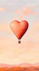 Fototapeta premium A sketch of a hot air balloon in the shape of a heart floating over a countryside with copy space.