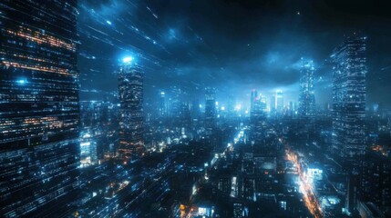 Fototapeta premium The bustling cyberpunk metropolis comes alive at night, featuring illuminated skyscrapers and a network of technology that reflects the energy of a high-tech future.