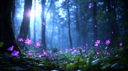 Obraz premium Enchanting sunrise in a mystical forest with purple flowers and butterflies, ideal for fantasy or fairytale themes