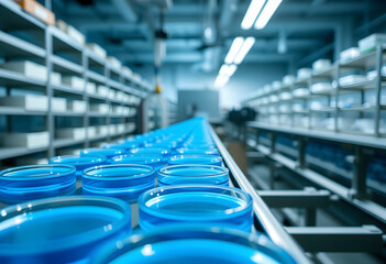 Obraz premium Industrial production line, blue plastic containers, conveyor belt, automated manufacturing, sterile factory environment, fluorescent lighting, rows of shelves, precision engineering, quality control,