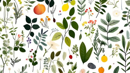 Colorful Botanical Illustration Featuring Diverse Plants, Leaves, Flowers and Fruits on White Background