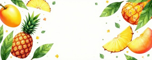 Vibrant watercolor mango & pineapple slices, tropical leaf accents , ripe, background