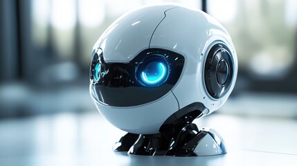 This cartoon-style robot head features a smooth, glossy finish with blue eyes, embodying a cute and minimalist design. Perfect for various creative applications on a white background.