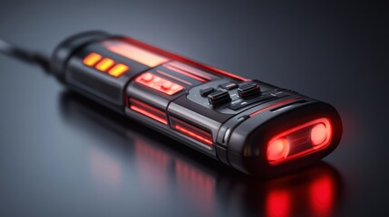 Professional voice recorder with glowing controls, isolated on a glossy surface.