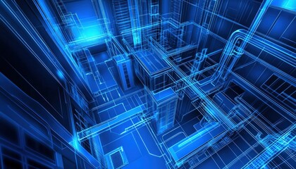 Obraz premium Abstract Blue Wireframe Cityscape Digital Design