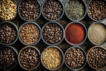 Coffee bean varieties, roasted grounds, spice bowls, wooden background, food blog