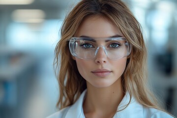 Professional woman in a lab coat and safety goggles, holding tools in a high-tech engineering lab,