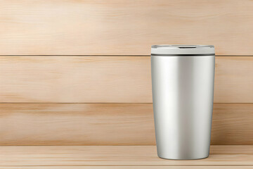 Silver Tumbler Mockup on Wood Background
