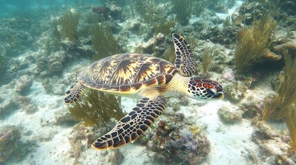 Obraz premium Sea turtle gracefully swimming through vibrant coral reef.