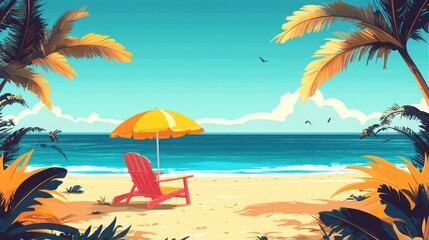 Obraz premium Colorful beach party setting with a vibrant umbrella and lounge chair under swaying palm trees by the ocean on a sunny summer day