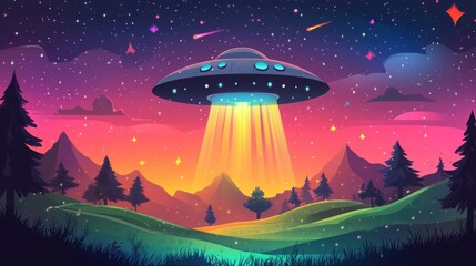 A colorful spaceship floats above lush green hills and trees, surrounded by a mesmerizing sky of swirling rainbows and twinkling stars, creating a dreamlike atmosphere.