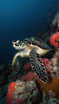 Sea turtle gracefully swimming near a vibrant coral reef, showcasing its intricate shell pattern and the beauty of the underwater world.