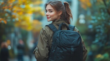 A rear view of a focused confident lady with a black backpack on a blurred background, suggesting a new beginning or journey