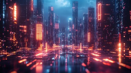 A vibrant cyberpunk cityscape illuminated by glowing lights, showcasing advanced technology and the lively atmosphere of a futuristic urban environment at night