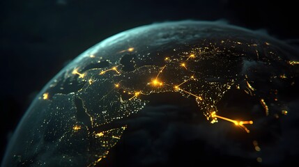A digital globe where illuminated links connect major cities around the world, symbolizing global connectivity