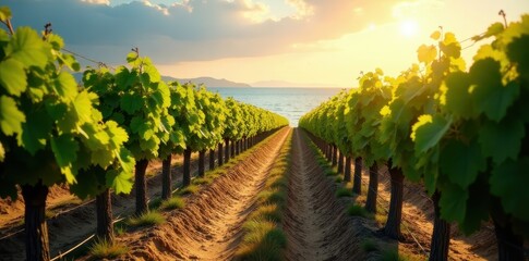 Naklejka premium Ocean breeze sweeps through coastal vineyard rows, sun-drenched grapes , sky, landscape