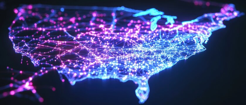 Digital map of the United States illuminated with vibrant blue and purple lights, representing data connectivity, technology networks, and urban infrastructure. - Powered by Adobe