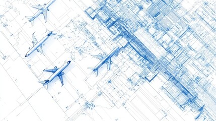 Airplane models on airport blueprint design
