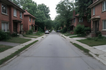 Fototapeta premium Residential Street Photo: Brick Houses and Lush Greenery